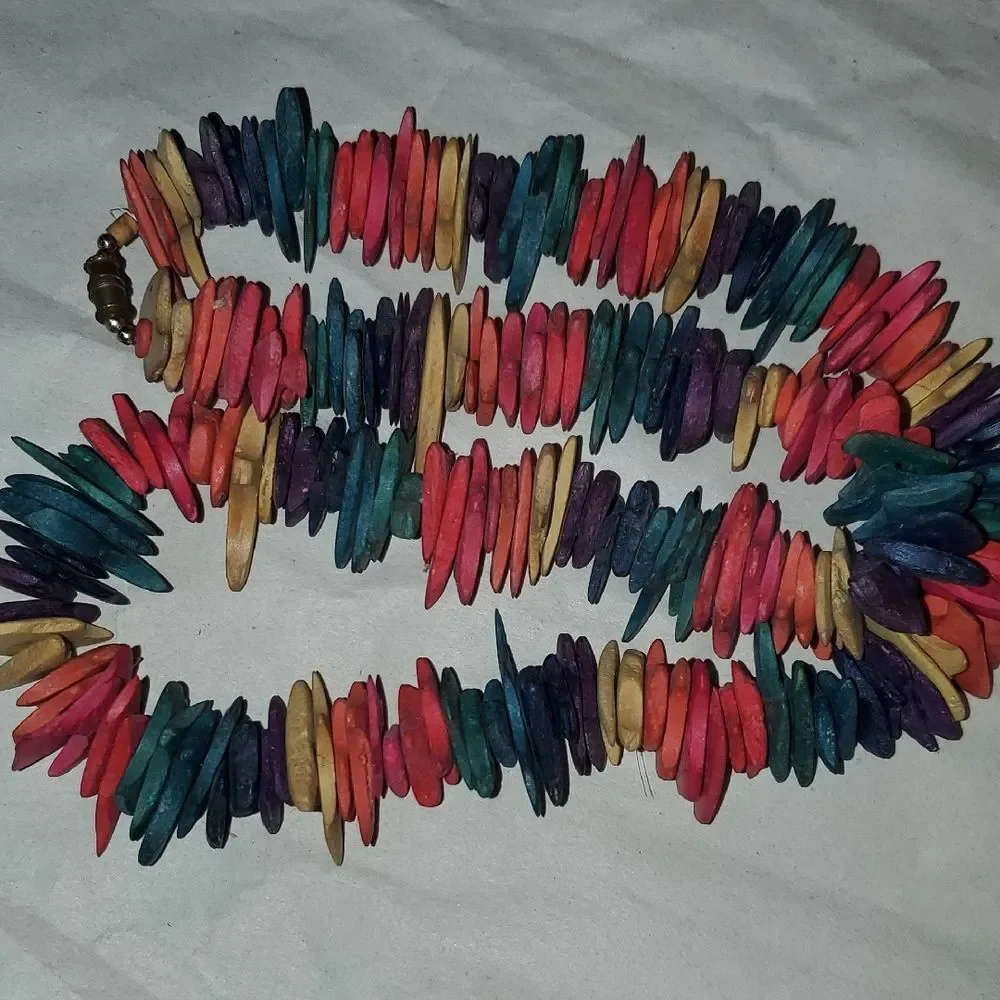 Colorful Wooden Bead Long Necklace Rainbow
